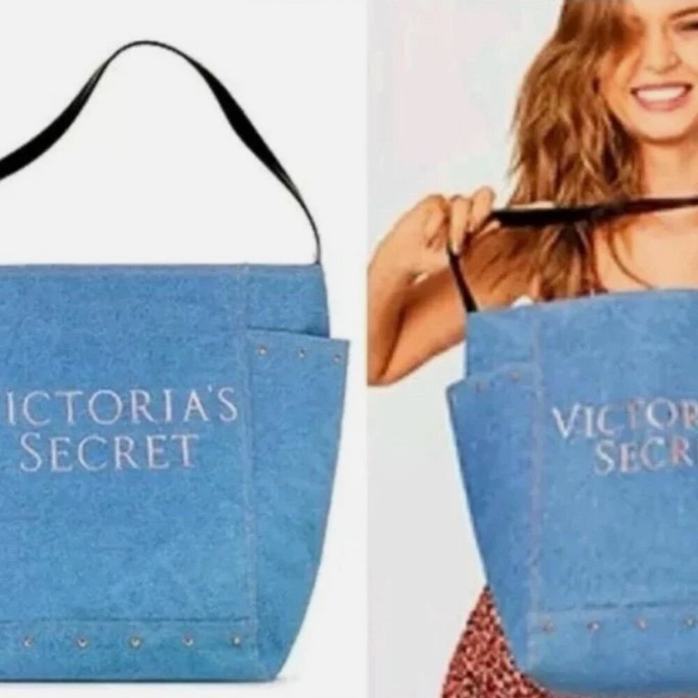 🆕 Victoria's Secret Denim Blue Weekender Studded Shoulder Tote Bag LIMITED 5201 - Picture 5 of 7
